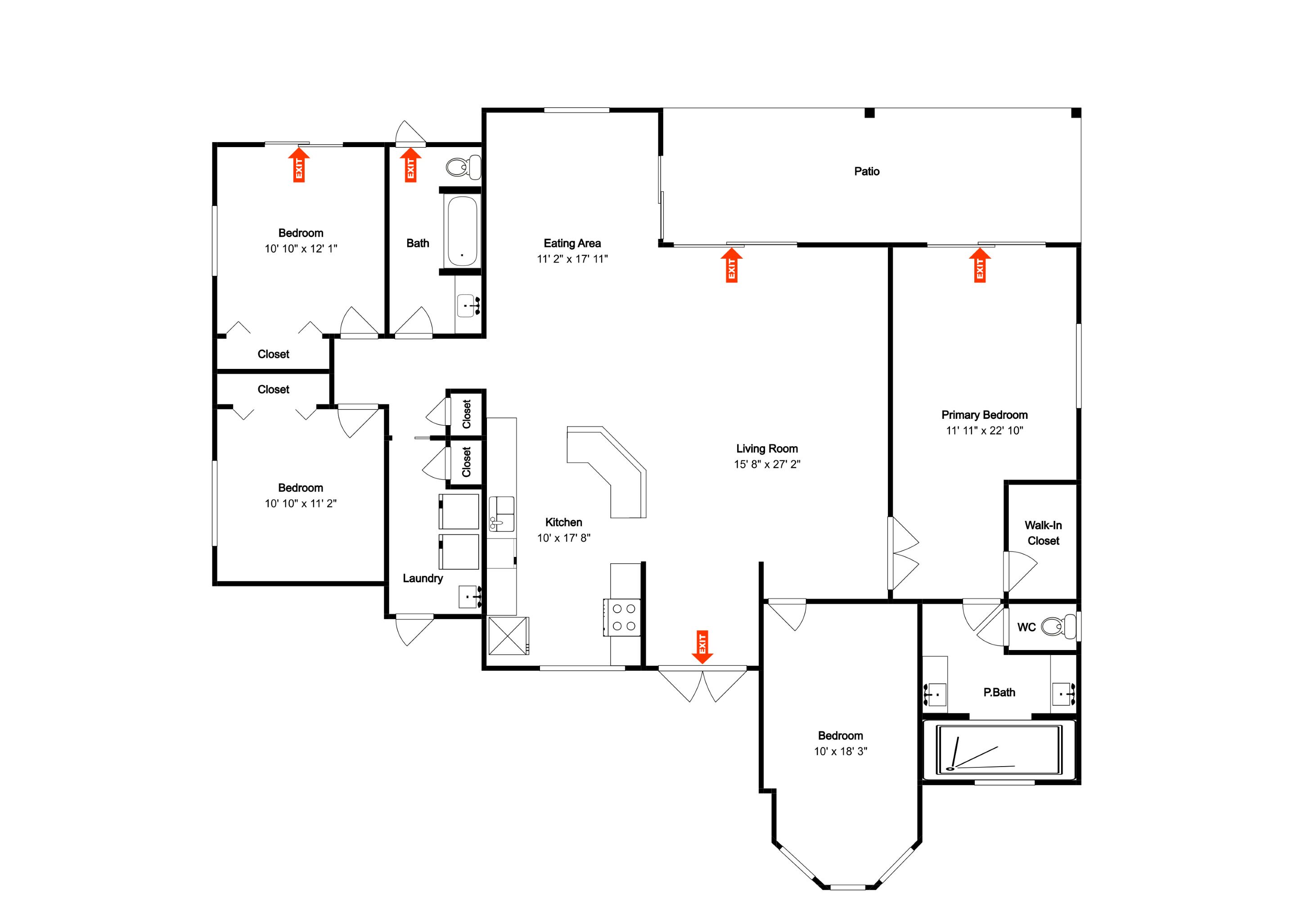 Een plattegrond van een hotel met meerdere slaapkamers, een woonkamer, een terras en een keuken.