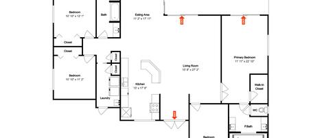 Een plattegrond van een hotel met meerdere slaapkamers, een woonkamer, een terras en een keuken.