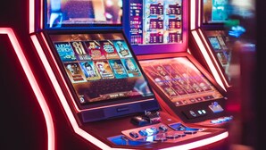Machines à sous avec différents jeux et un écran d’affichage.
