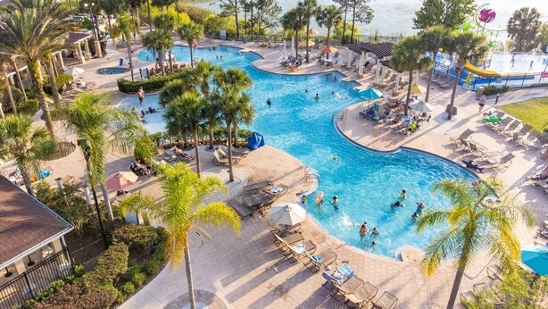 A large outdoor swimming pool with multiple lanes, surrounded by palm trees and lounge chairs.