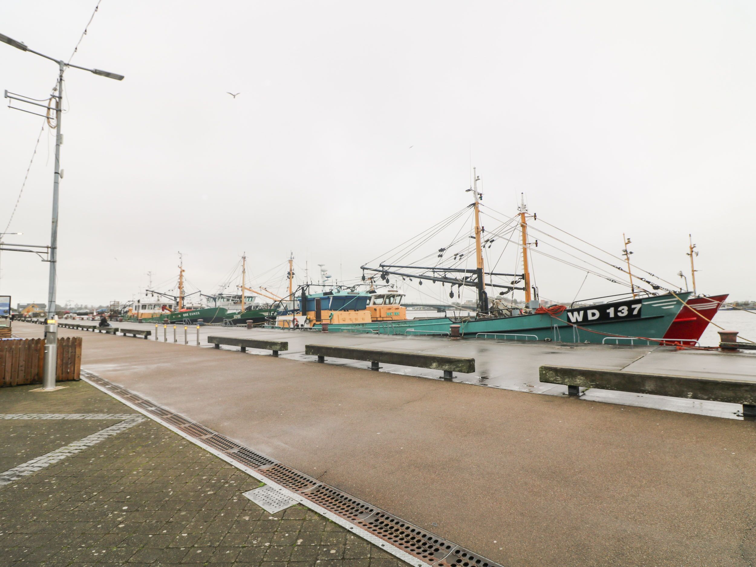 Een haven met verschillende vissersboten afgemeerd, een voetpad en een heldere lucht.
