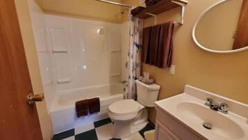 Shower, towels, soap, toilet paper