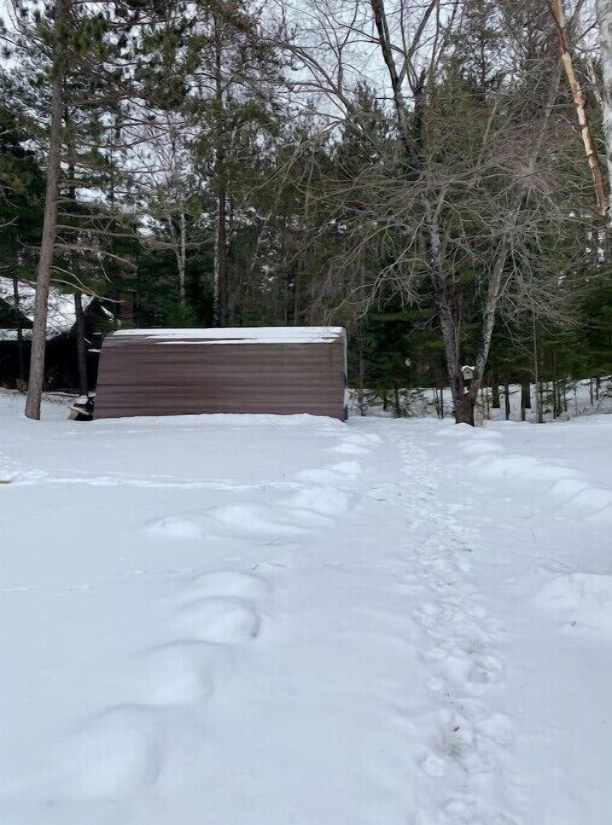 Un sendero cubierto de nieve que conduce a una estructura de madera en un área boscosa.