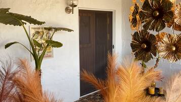 A room with a door, a wall-mounted light fixture, and decorative foliage.
