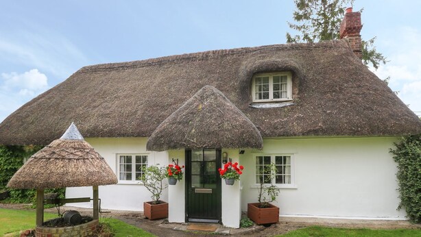 Een landelijk vakantiehuis met rieten dak, een smalle ingang, bloempotten en een kleine tuin.