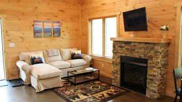 Smart TV, lareira, livros