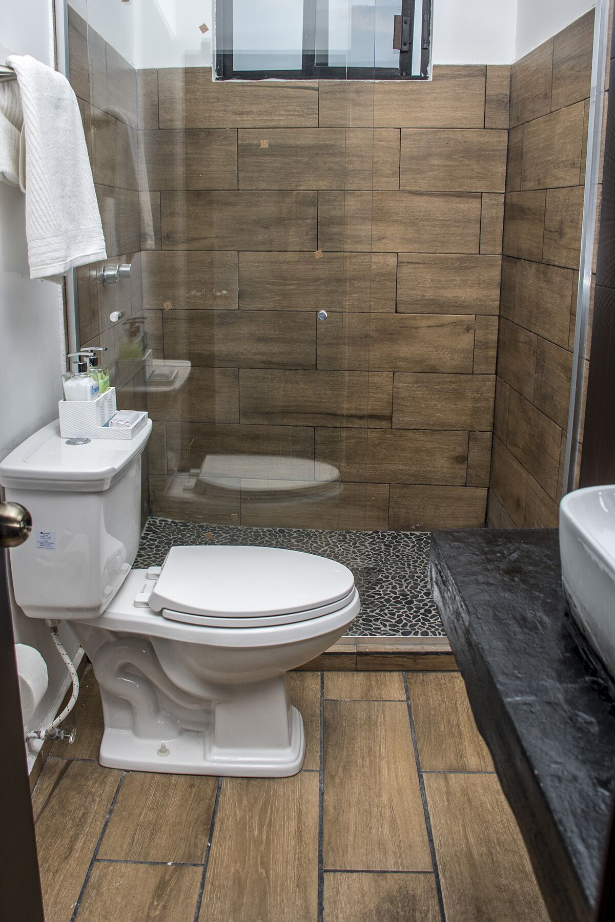 Shower, towels, soap, shampoo