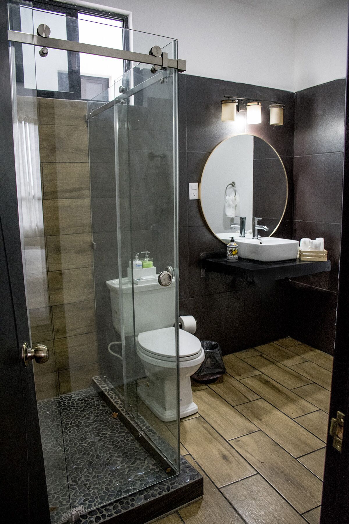 A modern bathroom with a glass-enclosed shower, a toilet, and a sink with a mirror above it.