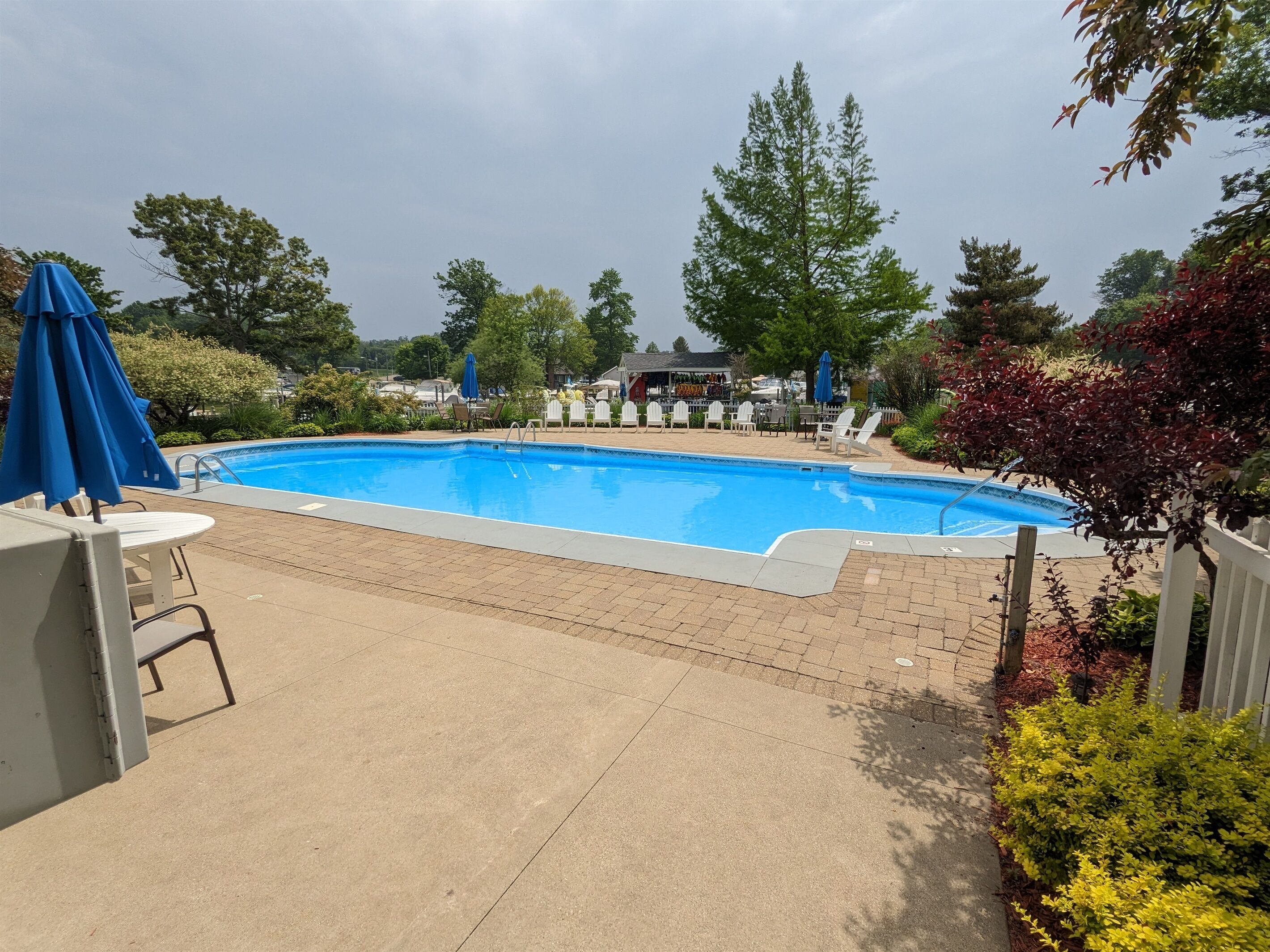 Una piscina rectangular con interior azul, rodeada por un solarium empedrado. Hay sillas de descanso blancas y una sombrilla azul cerca de la piscina.