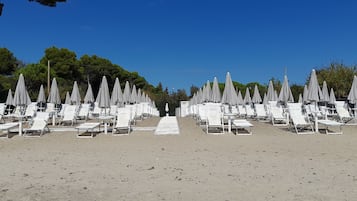 Private beach, white sand, sun-loungers, beach umbrellas