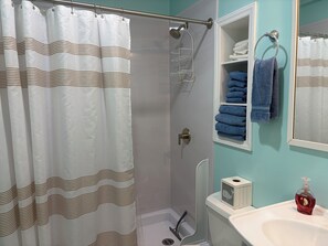Hair dryer, towels, soap, toilet paper