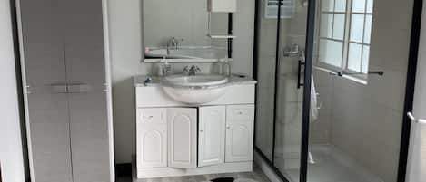 Hair dryer, bidet, towels, toilet paper