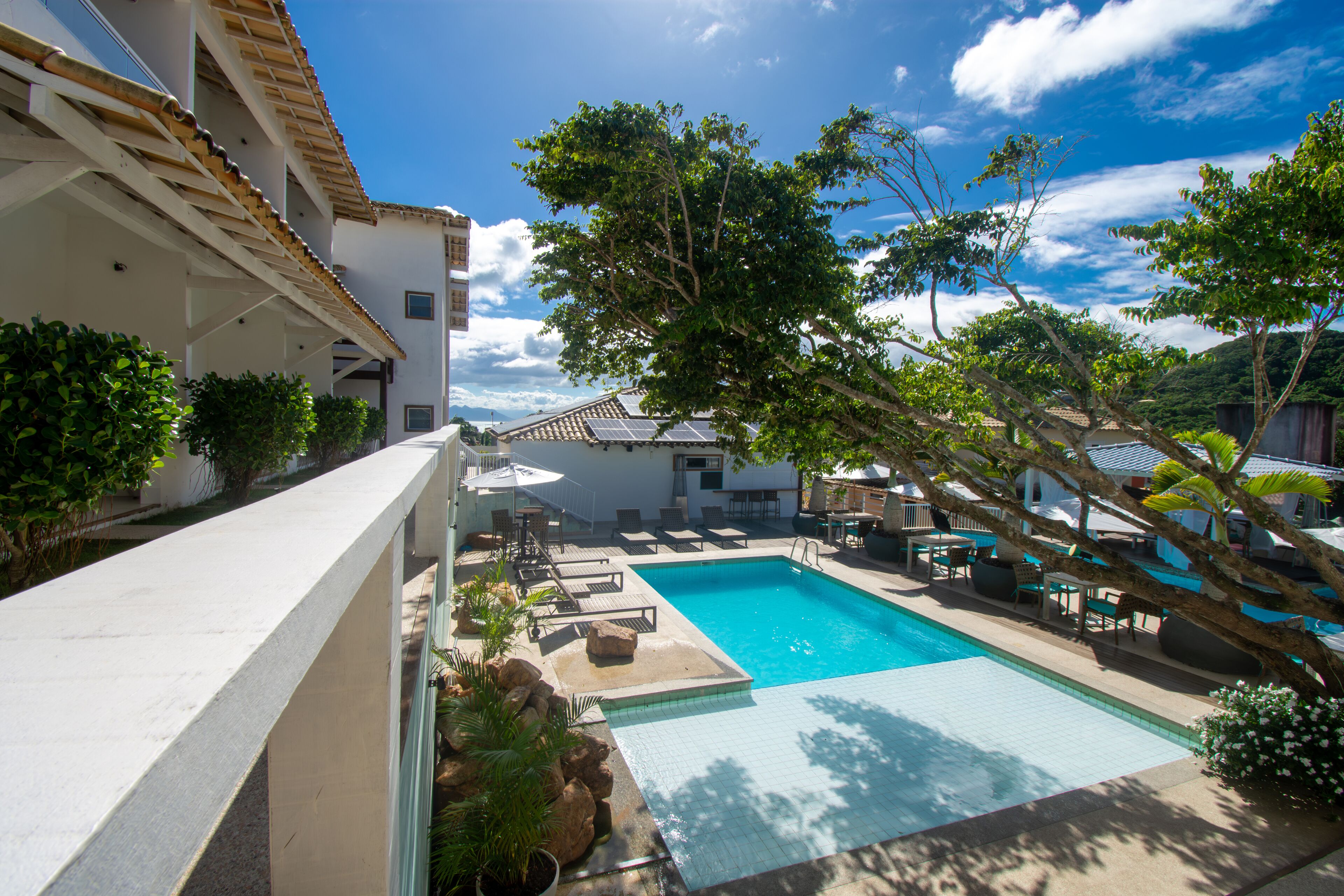 A swimming pool with lounge chairs and a pergola, surrounded by greenery and a building with a tiled roof.
