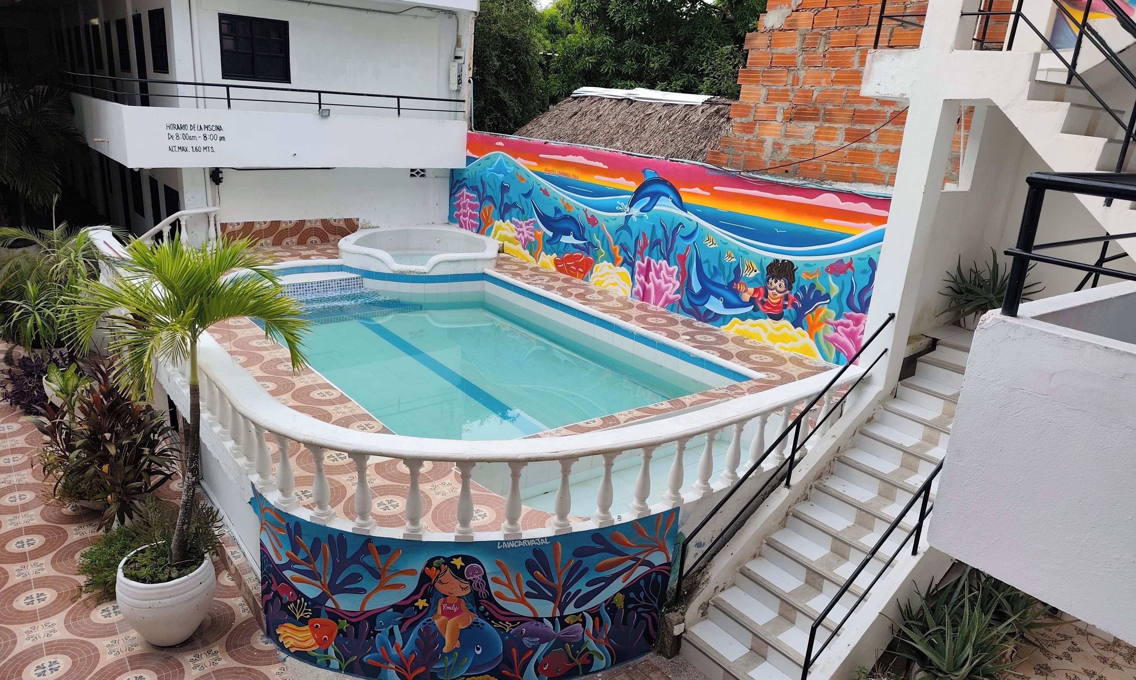 A swimming pool with a colorful mural, surrounded by potted plants and a staircase.