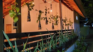 Un bâtiment doté d’un plafond en bois et de plusieurs jardinières suspendues, où sont plantées différentes espèces végétales.