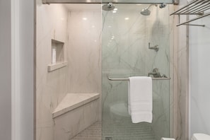 Hair dryer, towels, soap, toilet paper