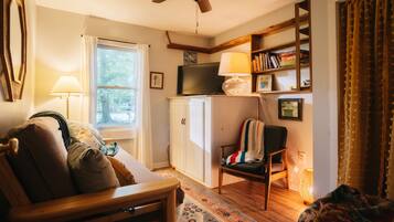 Una televisión, una chimenea, un reproductor de DVD, libros