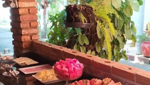 A breakfast buffet with various fruits and dishes, a brick pillar, and a green leafy backdrop. - POUSADA ÁGUA DE COCO (Prado)