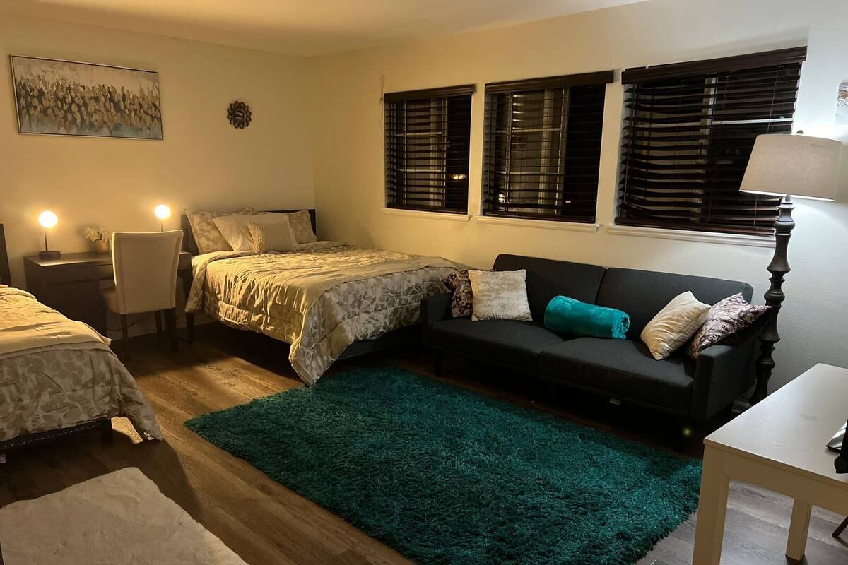Une chambre à coucher comprenant un lit, un canapé, un bureau et une fenêtre avec des stores.