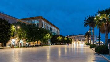 Une vaste place publique, avec un grand bâtiment d’un côté et des palmiers de l’autre.