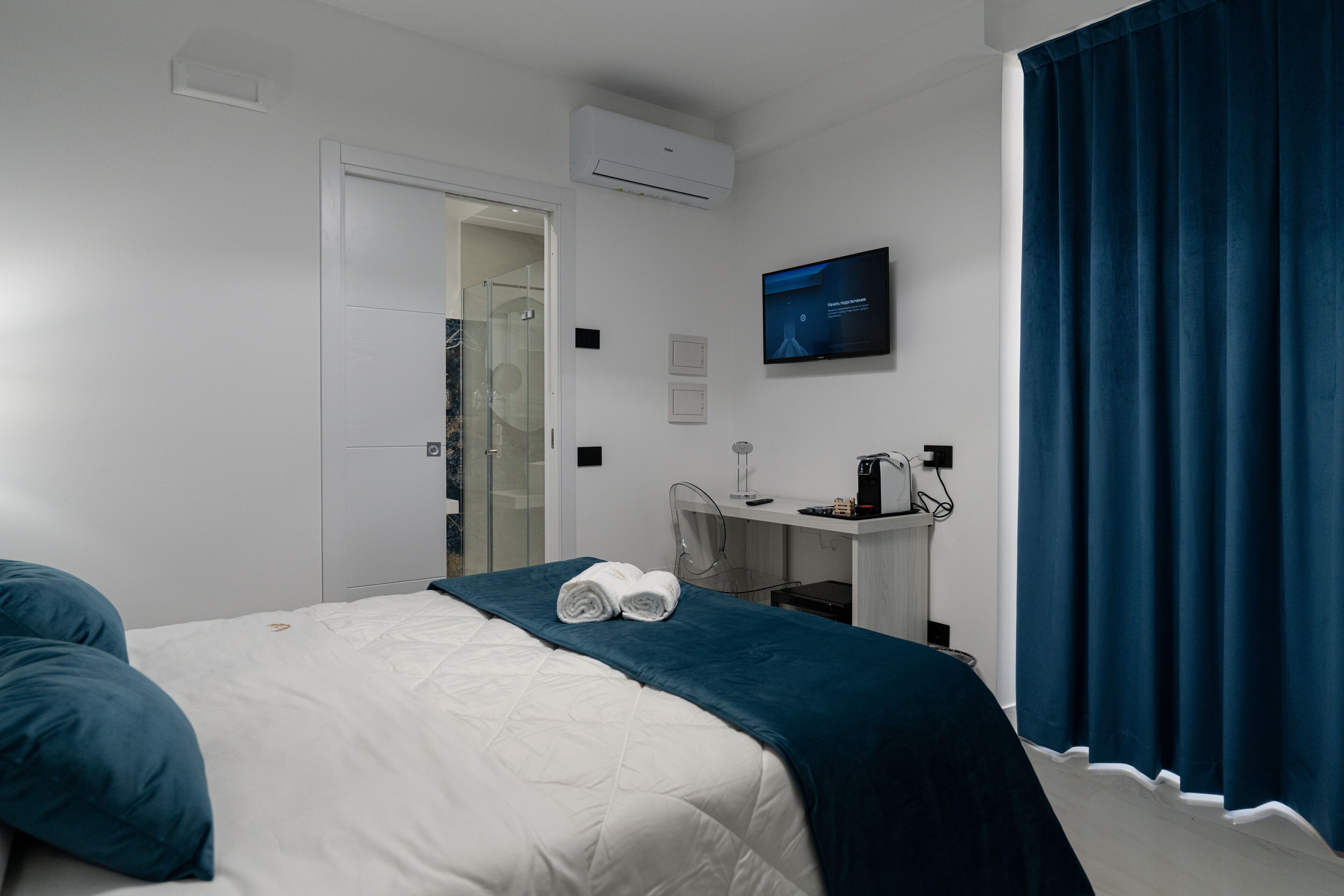 A hotel room with a bed, a desk, a television, and a shower area.
