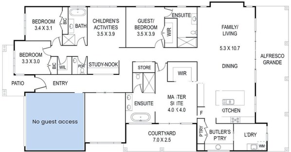 A hotel floor plan with multiple bedrooms, a study-nook, a children's activities area, a guest bedroom, a master suite, a family living area, a dining area, a kitchen, a courtyard, and a butler's pantry. - Iluka Coastal Retreat (Narrawallee)