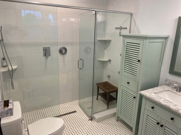 A bathroom with a glass-enclosed shower, a toilet, a sink with a marble countertop, and a cabinet with louvered doors.