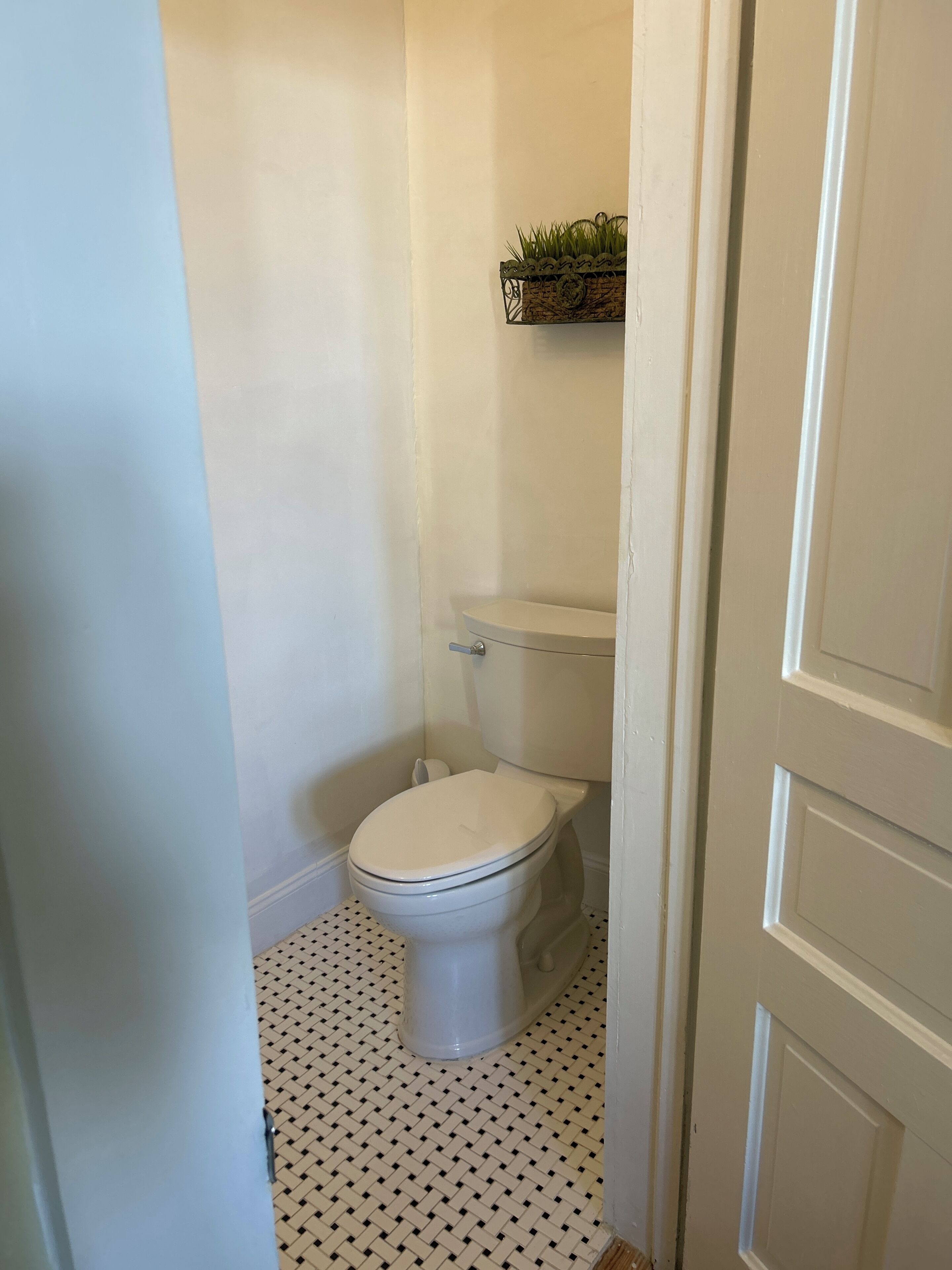 Un bagno piccolo e stretto con un water bianco, un pavimento decorato e una piccola pianta al muro.