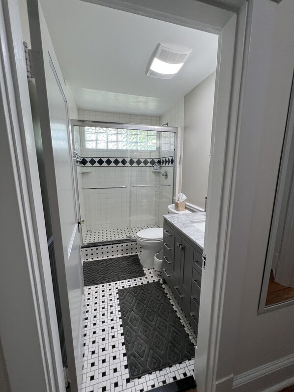 A bathroom with a toilet, sink, and shower area. - Stadium Hill House (Charlottesville)