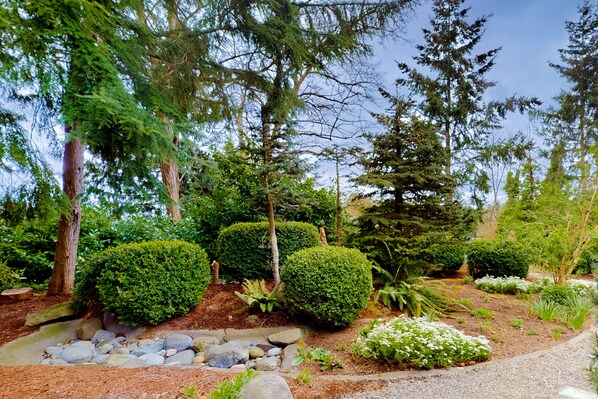 A garden with neatly trimmed hedges, a variety of shrubs, and a stone pathway.