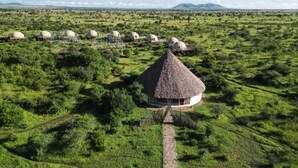 A thatched-roof structure with a stone pathway leading to it, surrounded by a lush green landscape with multiple dome-shaped buildings in the background. - KUOOM SERENGETI (Serengeti)