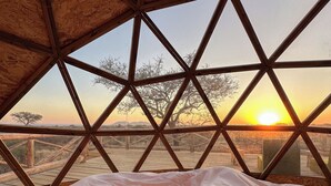 A room with a geometric wooden ceiling structure, a bed with white bedding, and a view of the sunset through the windows. - KUOOM SERENGETI (Serengeti)
