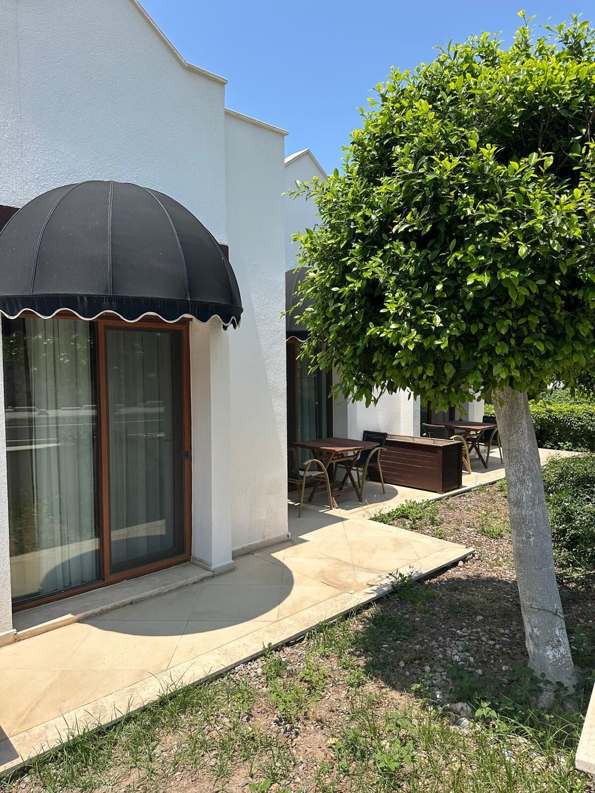 A house with a covered patio, a dining area, and a tree.