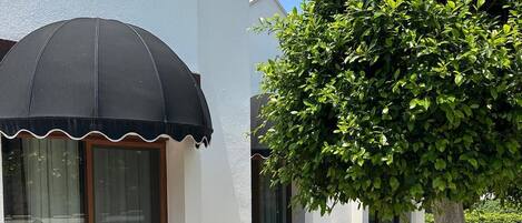 A house with a covered patio, a dining area, and a tree.