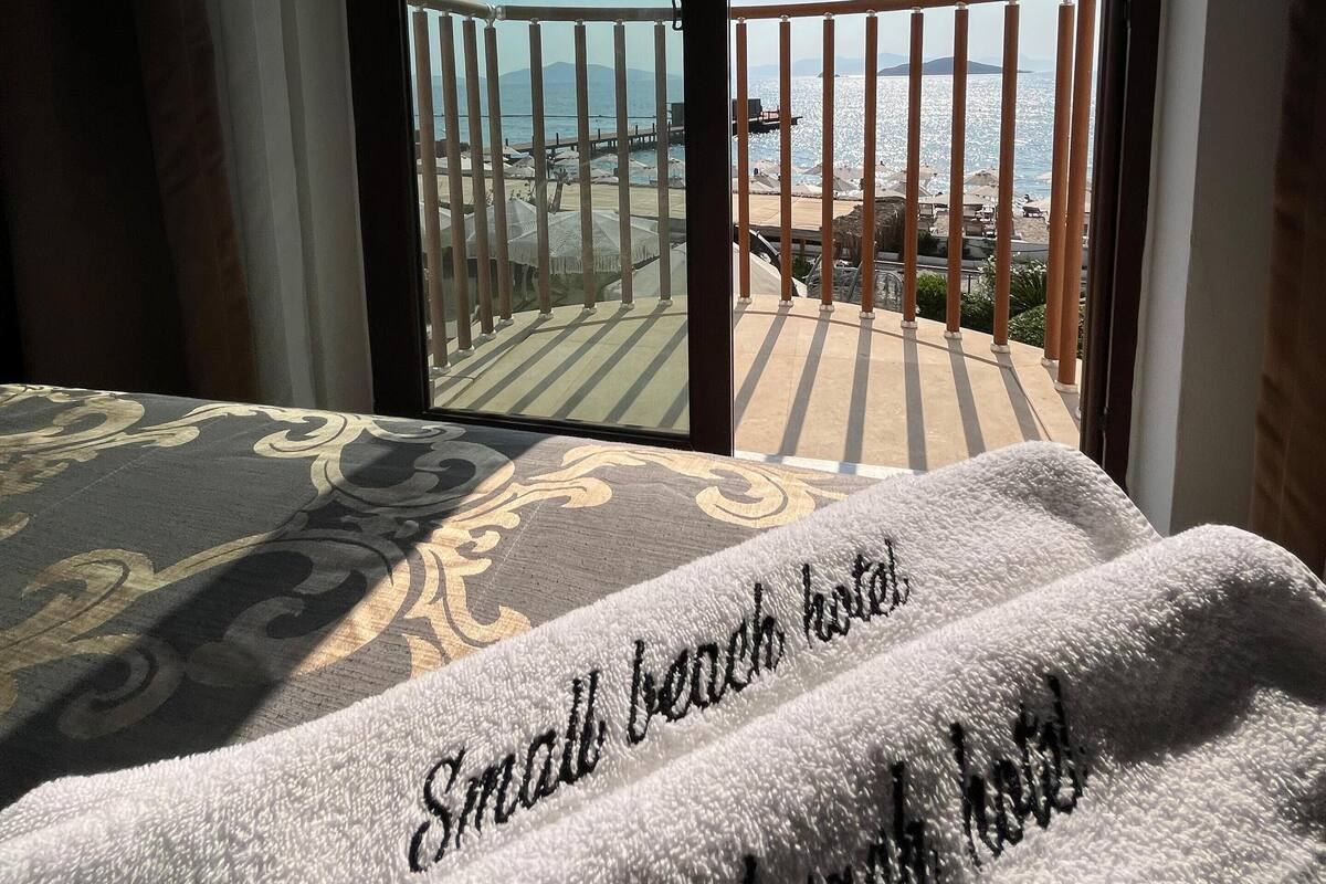 A hotel room with a balcony overlooking a beach.