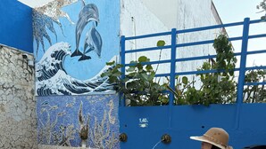 A swimming pool with a mural of a wave and a dolphin, a blue fence, and a person sitting by the pool. - Hotel Toledo FL (Cartagena)