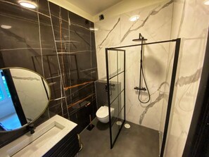 Douche, sèche-cheveux, serviettes fournies, savon