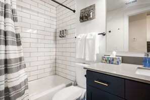 Hair dryer, towels, soap, shampoo