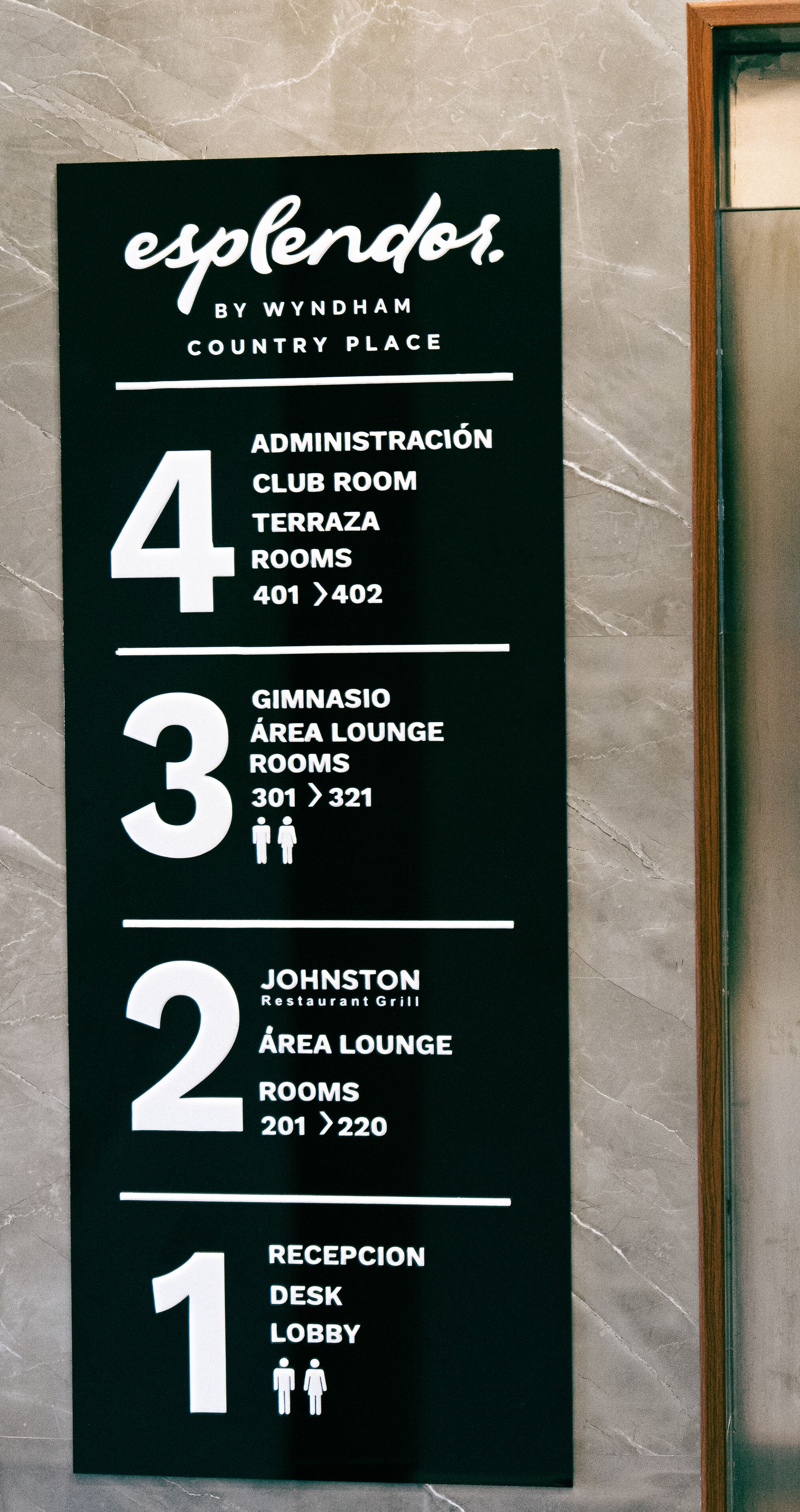 Een verticaal bord met kamer nummers en namen voor een hotel.