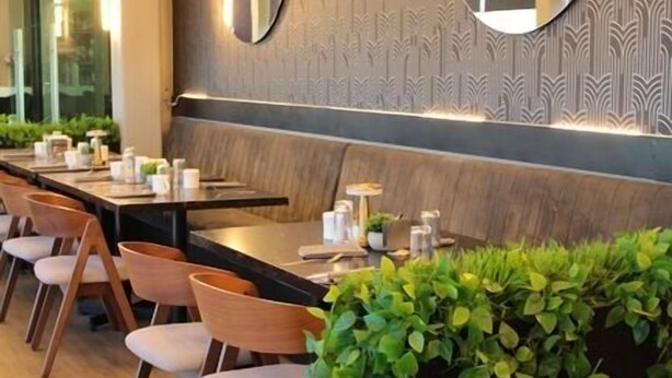 Un restaurante con una barra alargada, múltiples sillas y una pared decorativa con espejos y plantas.