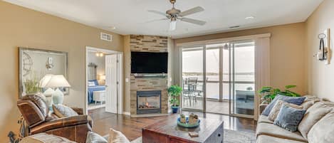 TV, fireplace, books, offices