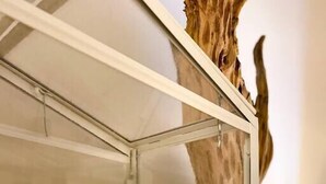 A glass display case with a white frame, containing two paper airplanes and a rock. - Stylish Studio Apartment in Downtown Lexington (Lexington)