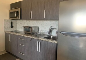 Fridge, microwave, stovetop, coffee/tea maker