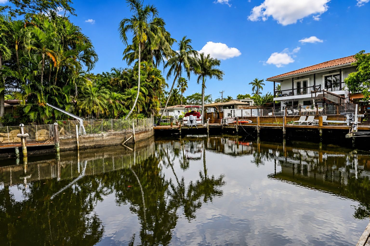 A waterfront property with a dock, a house with a red roof, and lush greenery.