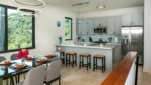 A modern kitchen with grey cabinets, a stainless steel refrigerator, and a central island with stools. - Tropical Seabreeze- Pool and back up power/solar (Cruz Bay)