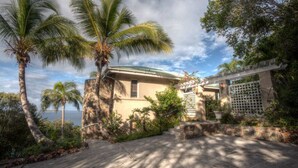 Una casa con vista sull'oceano, circondata da palme e un giardino.
