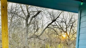 Una vasca idromassaggio con coperchio nero, circondata da un pontile di legno e affacciata su alberi spogli.