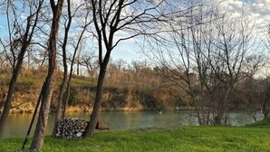 Un parco con uno stagno, alberi, una pila di legna da ardere e una panchina.