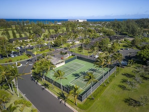 An aerial view of a residential area with a tennis court surrounded by palm trees and houses.