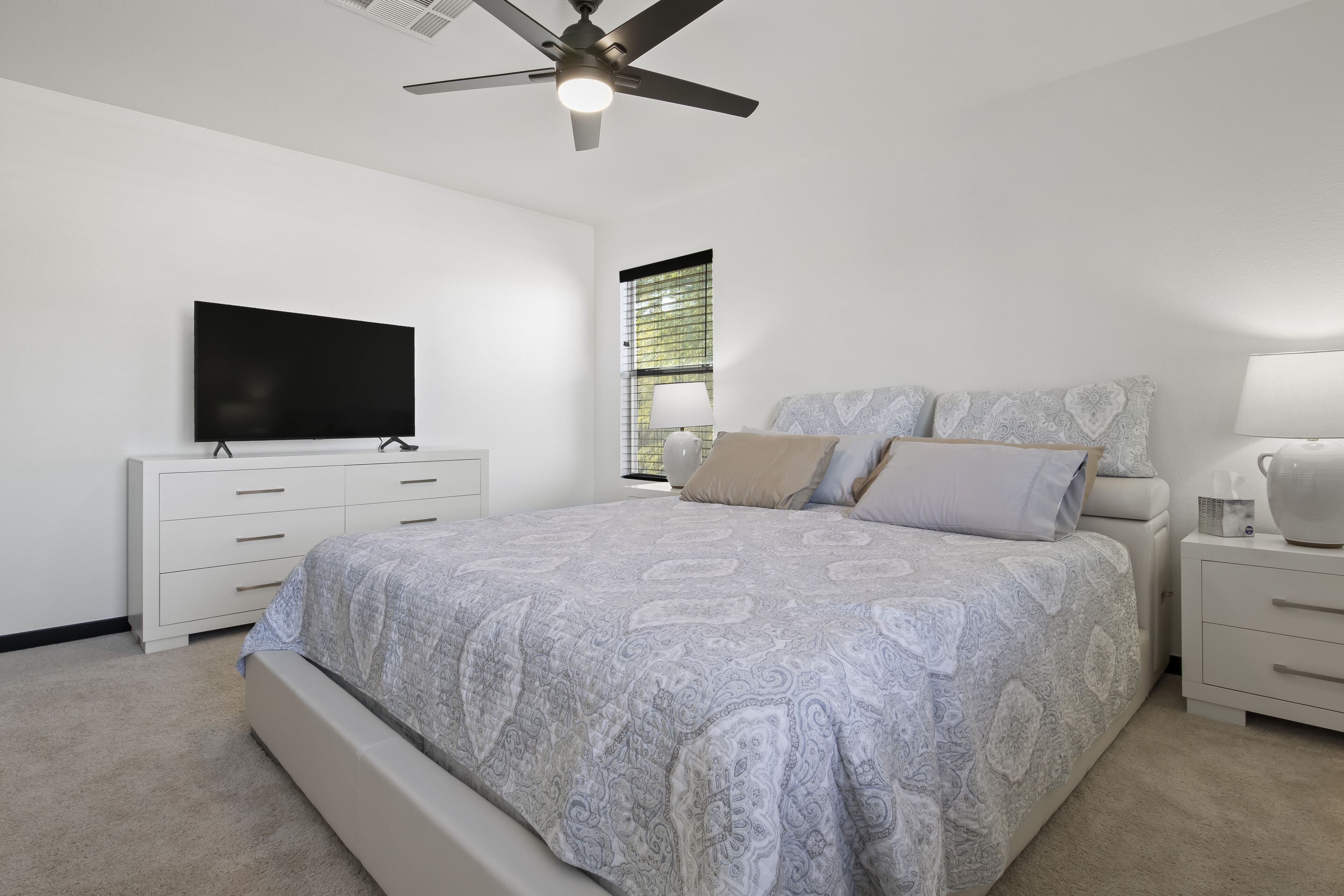 A bedroom with a bed, a TV, a ceiling fan, a window with blinds, and a nightstand with a lamp.